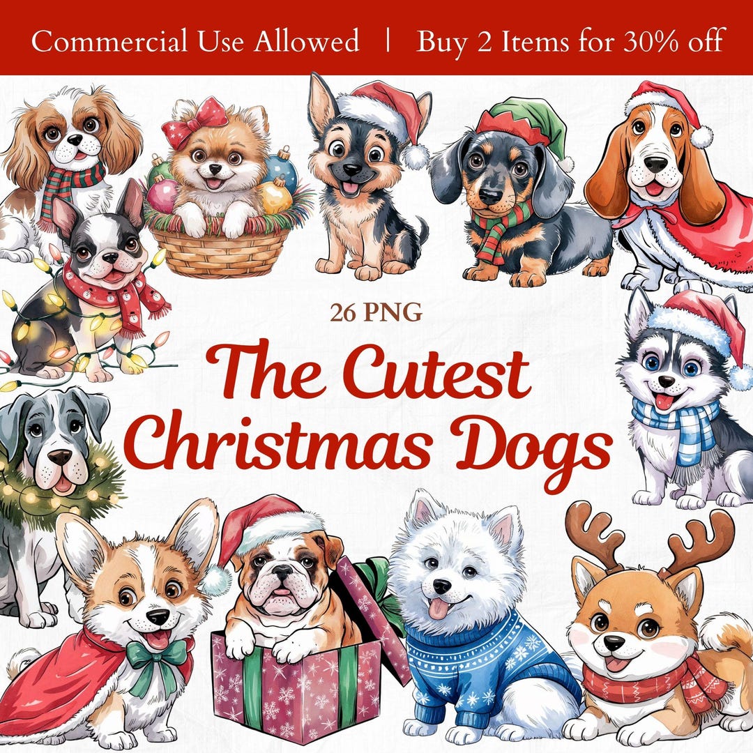 Christmas Dog PNG Bundle, Cute Watercolor Dog Breed Clip Art, Clipart ...