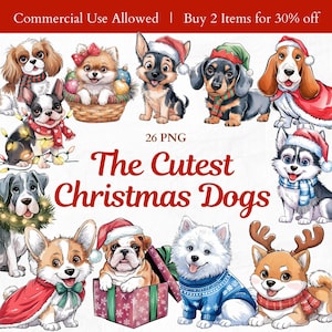 Noël chien PNG Bundle, mignon aquarelle chien race Clip Art, Clipart pour propriétaires d'animaux de compagnie amoureux des animaux Noël imprimable, cadeau pour propriétaire de chien