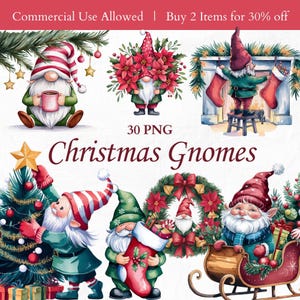 Christmas Gnomes PNG Bundle, Cute Watercolor Gnome Clipart, Winter Fantasy Clip Art for Holiday Decor Gift Printable, Festive Santa Gnomes