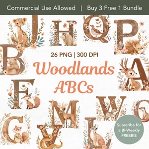 Boho Woodland Alphabet Clipart, Letras de animales de acuarela, Decoración de guardería, ABC PNG, Clip Art de jardín de infantes para bebés, Animales lindos neutros