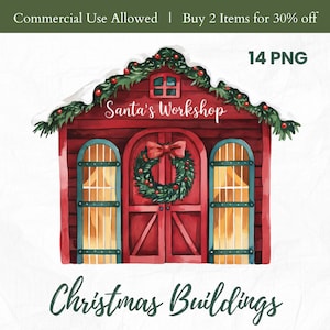 Edifícios de Natal PNG, Clipart de vitrine de Natal, Clip Art de oficina de Papai Noel de fazenda de loja festiva de Natal, Casas de vila de Papai Noel festivas divertidas