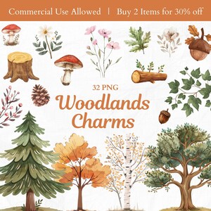 Bundle de clipart éléments breloque boisé, aquarelle arbres Clip Art, champignon vénéneux PNG, feuilles de fleurs de la forêt, décoration familiale amoureux de la nature
