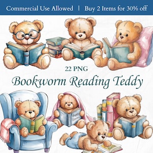 Niedlicher Bär, der Clipart liest, Kinder niedlicher Teddybär und Bücher PNG, Clip Art des Bären, der Liebhaber liest, ästhetisches Kinderzimmer-Raumdekor druckbar