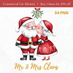 Santa and Mrs Claus Clipart Bundle, Cute Santa Holiday Scene, Merry Christmas Watercolor Illustration, Digital Xmas Day Cute Graphics PNG