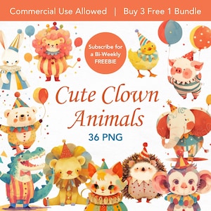 Lindos animales de circo Clipart, lindos animales payaso, Clowncore PNG, paquete de imágenes prediseñadas de acuarela, decoración de vivero, invitación de animales de circo