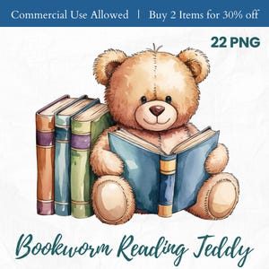Lese Bär Clipart, niedlichen Teddybär PNG, Bücherwurm Bären Clip Art, entzückende Kinderzimmer Dekor, Leseraum Kunstwerk, Märchen Bären