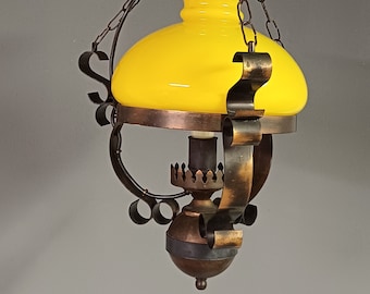 Yellow Vintage Pendant Lamp / Glass and Copper / Adjustable by Height / Antique Light / Lantern
