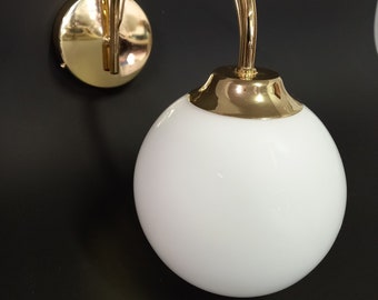 White Wall Light / Bedside Vintage Lamp / Sconce / Brass Glass Globe Lamp / Golden Light Fixture / Hollywood Regency Style