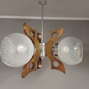 Vintage Pendant Light / Mazzega Murano Glass / 3-arms Pendant Lamp / Rare Wooden Chandelier / Emi Poljčane / Wood, Metal and Glass Lamp
