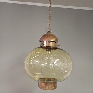 Vintage Pendant Light / Retro Glass Light Fixtures / Copper and Glass / Yellow Ceiling Lamp / Sijaj Hrastnik / Yugoslavia