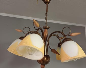 Five-legged Pendant Light / Vintage Light / Glass, Metal and Wooden Pendant Light