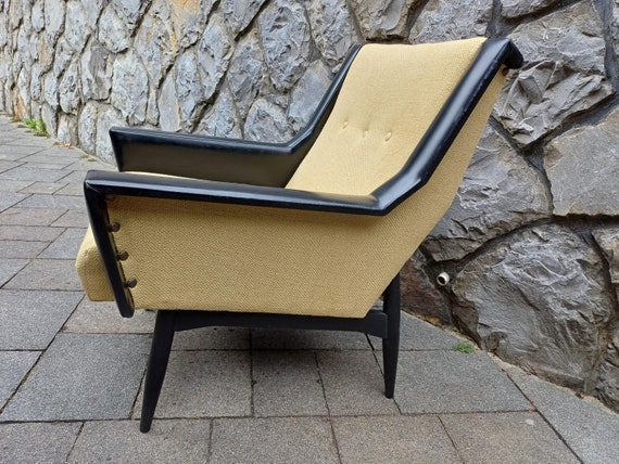 Vintage Armchair / Beige and Black Lounge Chair / Upholstered Chair / Fake Leather Hand Rests