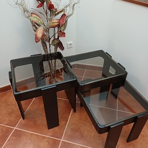 May include: Three dark brown square side tables with glass tops are arranged in a corner. The tables have a simple, modern design with straight lines and sturdy legs. A decorative plant with red and gold leaves sits behind the tables.
