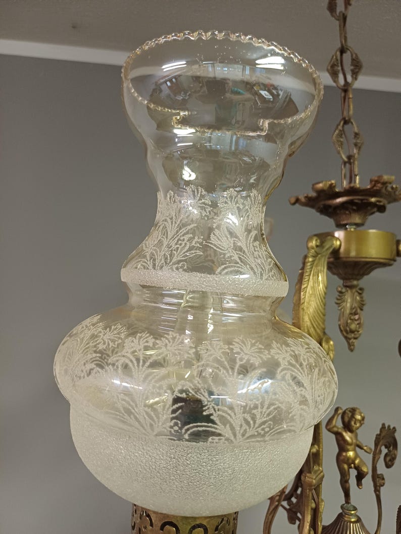 Vintage Brass Chandelier / Glass and Metal Pendant Light / Floral ...