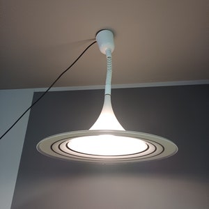 May include: A white ceiling light fitting with a long, thin, flexible neck and a circular, flat, white shade with three concentric rings.