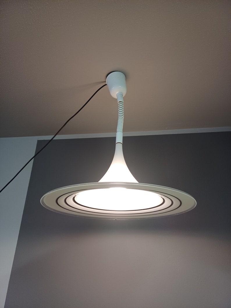 May include: A white ceiling light fitting with a long, thin, flexible neck and a circular, flat, white shade with three concentric rings.