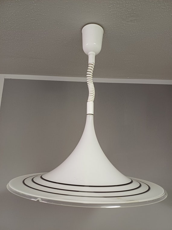 Vintage Pendant Lamp / Meblo Guzzini / Ceiling Lamp / White and Black Trumpet Kitchen Light / Mid Century Ceiling Light / Retro lighting