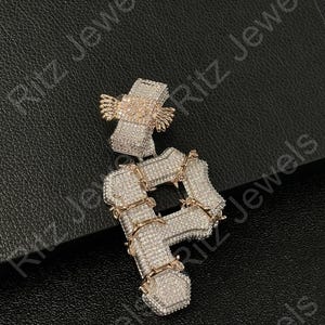 Puede incluir: Un colgante con incrustaciones de diamantes en forma de la letra "P" con una fianza a juego. El colgante presenta una combinación de tonos plateados y dorados, con la letra delineada en oro y cubierta de pequeños diamantes brillantes. El fondo es negro.