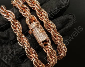 Iced Moissanite Clasp Rope Chain Necklace – 14k Gold Plated Stainless Steel, Unisex Hip Hop Style 4-6mm