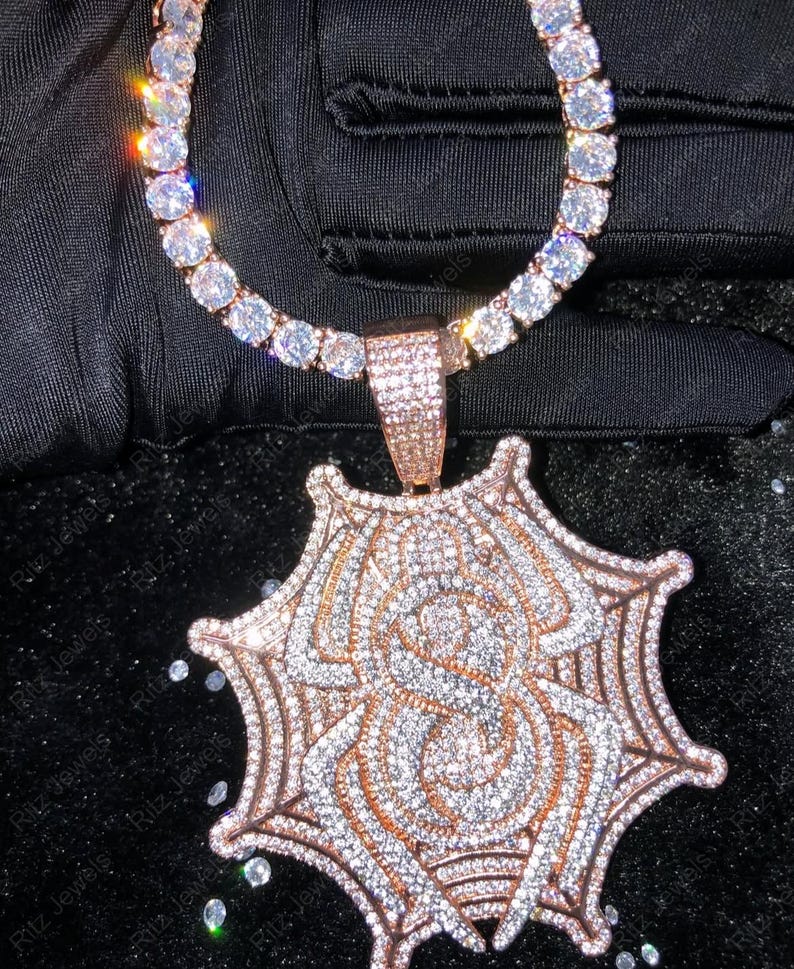 Rose Gold Spider Web Pendant, Iced Out Cubic Zirconia Hip Hop Jewelry ...