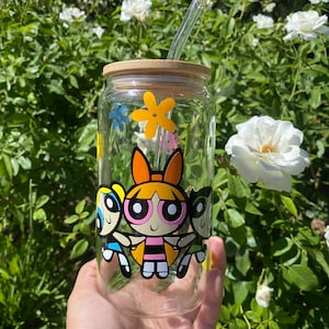 16oz The Powerpuff Girls Glass Libbey with Bamboo Lid and Straw Included | Glass Tumbler | Beer Glass Can | Soda Can