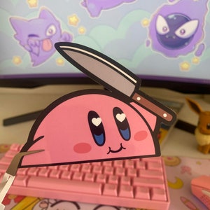 Kirby Holding Knife Peeker | Vinyl Sticker | Kawaii Peeker | Peekers | Stationary