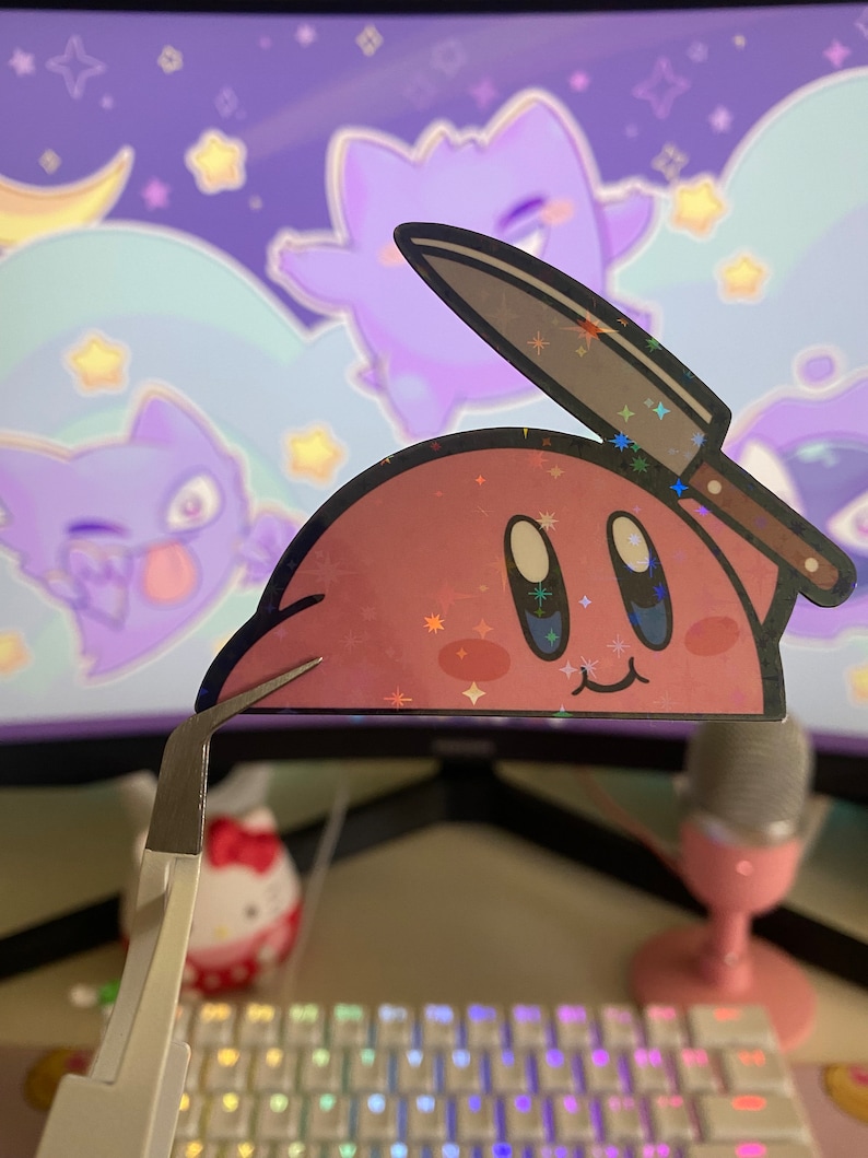 May include: A pink cartoon character with a knife sticking out of its head. The character has a happy expression and is surrounded by a purple and blue background with stars.