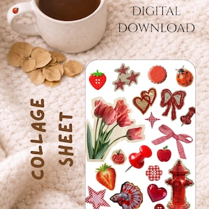 May include: A digital collage sheet featuring various red and pink elements, including strawberries, stars, hearts, bows, and a red fire hydrant. The words "COLLAGE SHEET" and "DIGITAL DOWNLOAD" are also visible.