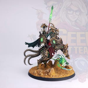 May include: A detailed miniature of a skeletal, golden-colored creature with green accents, riding a skeletal, golden-colored horse. The creature is holding a spear with a green tip. The miniature is on a round, sandy-colored base.