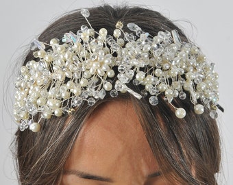 Wedding Headband, Silver Crystal Wedding Tiara, Pearl Wedding Headpiece, Bridal Hair Accessories, Rhinestone Tiara,TIARAJJ