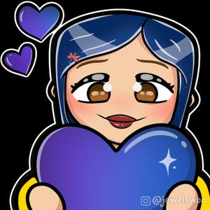K&ouml;nnte beinhalten: Eine Cartoon-Illustration eines M&auml;dchens mit blauen Haaren, das ein gro&szlig;es lila Herz h&auml;lt. Das M&auml;dchen hat braune Augen und l&auml;chelt. Das Herz hat einen Glitzerstein darauf.