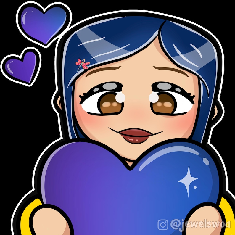 K&ouml;nnte beinhalten: Eine Cartoon-Illustration eines M&auml;dchens mit blauen Haaren, das ein gro&szlig;es lila Herz h&auml;lt. Das M&auml;dchen hat braune Augen und l&auml;chelt. Das Herz hat einen Glitzerstein darauf.