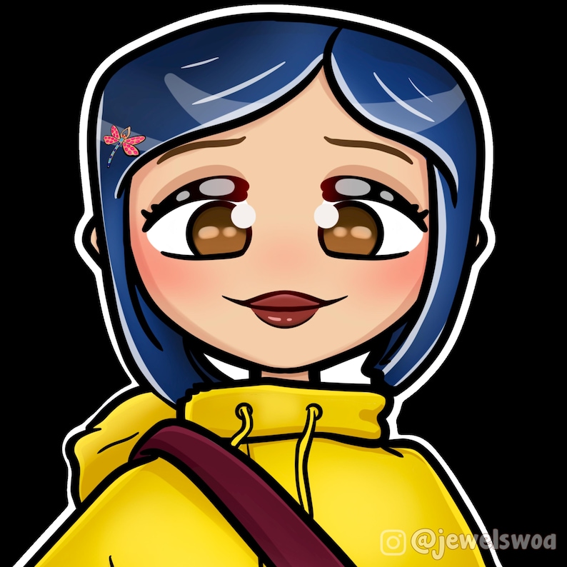 K&ouml;nnte beinhalten: Cartoon-Illustration eines M&auml;dchens mit blauen Haaren, das einen gelben Regenmantel mit einem burgunderfarbenen Riemen tr&auml;gt. Sie hat gro&szlig;e braune Augen und eine rote Libelle im Haar.