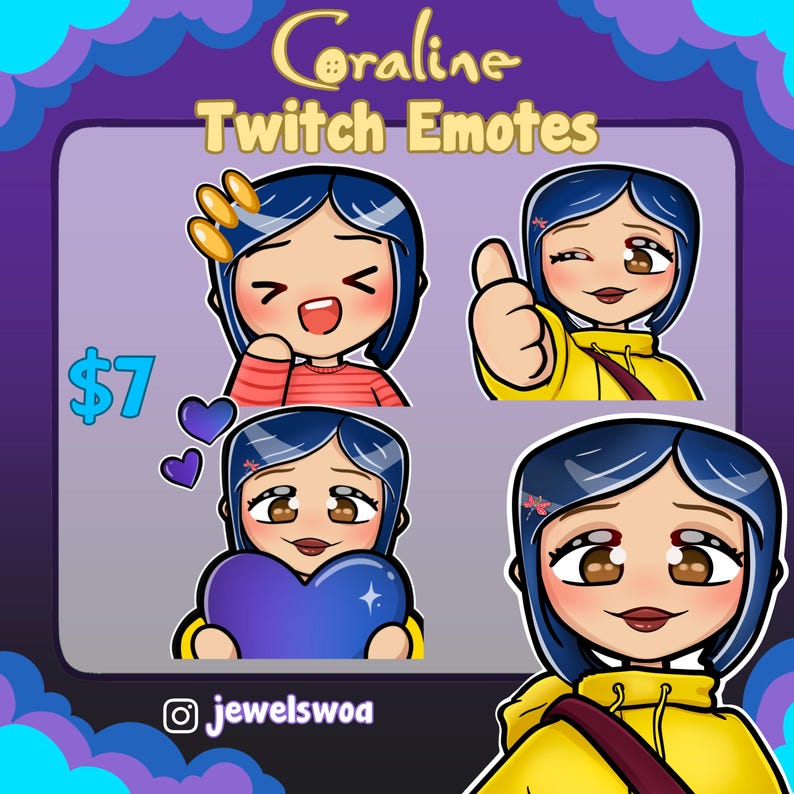 K&ouml;nnte beinhalten: Vier digitale Illustrationen von Coraline aus dem Film Coraline. Die Illustrationen sind im Cartoon-Stil gehalten und zeigen Coraline mit verschiedenen Gesichtsausdr&uuml;cken. Der Text "Coraline Twitch Emotes" und "7 &euro;" ist ebenfalls im Bild enthalten.