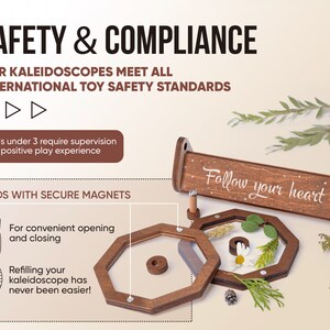 May include: A wooden kaleidoscope with a clear lid and a brown wooden base. The kaleidoscope is decorated with the words "Follow your heart" and has a small, round, wooden knob on the side. The kaleidoscope is sitting on a white surface.