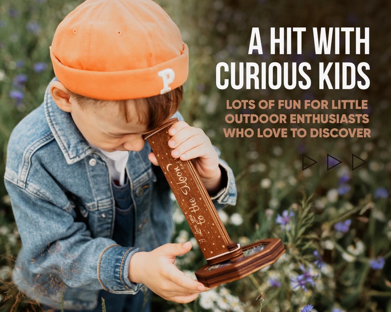 May include: A wooden kaleidoscope with a dark brown finish, featuring the engraved text "I love you to the moon and back" along with star and moon motifs. The device has a cylindrical body and a hexagonal base, designed for viewing through the top lens.