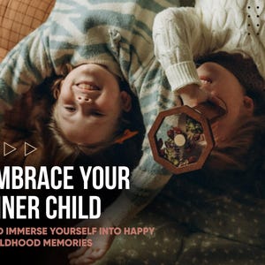 May include: A wooden kaleidoscope with an octagonal frame containing colorful beads and floral elements. The text on the image reads: EMBRACE YOUR INNER CHILD AND IMMERSE YOURSELF INTO HAPPY CHILDHOOD MEMORIES. The device is held by two individuals.
