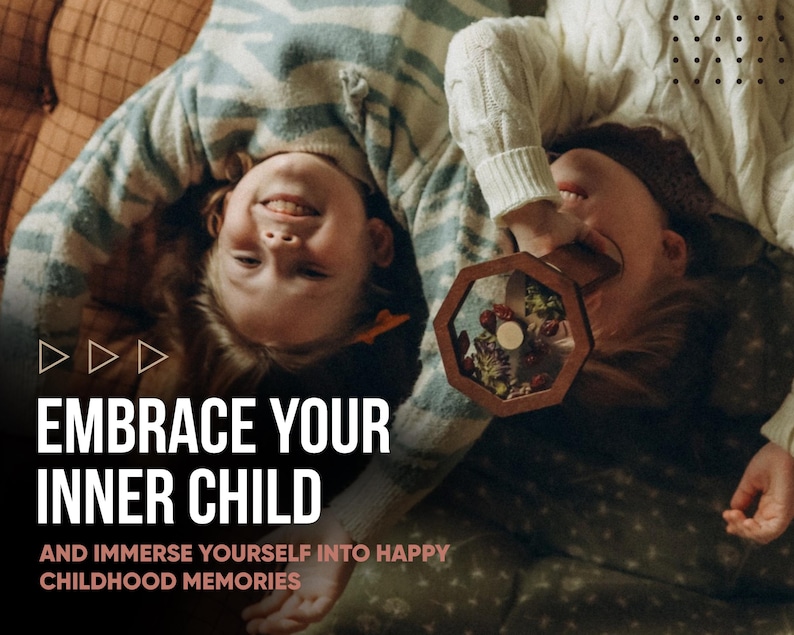 May include: A wooden kaleidoscope with an octagonal frame containing colorful beads and floral elements. The text on the image reads: EMBRACE YOUR INNER CHILD AND IMMERSE YOURSELF INTO HAPPY CHILDHOOD MEMORIES. The device is held by two individuals.