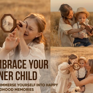 May include: Three children are playing with a wooden kaleidoscope in a field of tall grass. The kaleidoscope is brown with a clear glass tube. The children are smiling and having fun. The text "Embrace Your Inner Child" and "And immerse yourself into happy childhood memories" is displayed on the image.