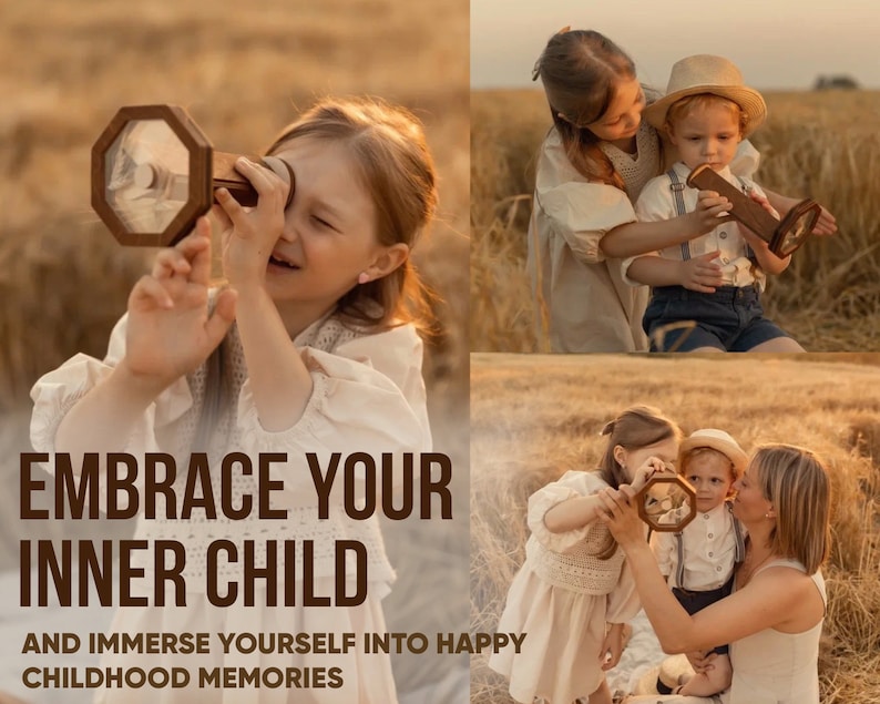 May include: Three children are playing with a wooden kaleidoscope in a field of tall grass. The kaleidoscope is brown with a clear glass tube. The children are smiling and having fun. The text "Embrace Your Inner Child" and "And immerse yourself into happy childhood memories" is displayed on the image.