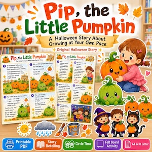 Peut inclure: Un ensemble d'histoire d'Halloween imprimable intitulé Pip, the Little Pumpkin, comprenant des planches illustrées, des découpages de personnages costumés, une citrouille verte et une orange, avec un texte sur la croissance à son rythme.