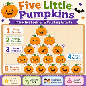 Fem små pumpor i cirkelstund | Halloween-känslor | Pumpa-känslokort | Utskrivbar PDF för förskola | Filtstavleaktivitet