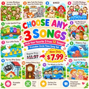 May include: A printable song set featuring 12 colorful illustrations of nursery rhymes including 5 Little Monkeys, Bingo, Old MacDonald, Five Little Ducks, Slippery Fish, Itsy Bitsy Spider, Hickory Dickory Dock, and Wheels on the Bus with text.