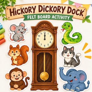 May include: A Hickory Dickory Dock felt board activity set featuring a brown grandfather clock with a pendulum and clock face, surrounded by felt cutouts of a grey mouse, a green snake, a brown squirrel, a grey cat, and a blue elephant.