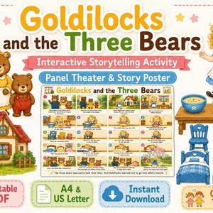 Puede incluir: Un set de actividades narrativas interactivas de Ricitos de Oro y los tres osos que incluye un póster, elementos PDF imprimibles, tres osos, una casa, una niña, tres cuencos de avena, tres sillas y tres camas de diversos colores.