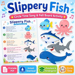 Actividad imprimible para la hora del círculo: El pez resbaladizo | Canción preescolar con temática oceánica | PDF educativo para niños pequeños