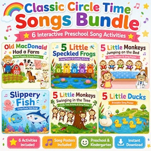 Op de afbeelding: Een Classic Circle Time Songs Bundle met 6 interactieve liedjesactiviteiten voor kleuters. De collectie bevat geïllustreerde posters voor Old MacDonald Had a Farm, 5 Little Speckled Frogs, 5 Little Monkeys Jumping on the Bed, Slippery Fish, 5 Little Monkeys Swinging in the Tree en 5 Little Ducks.