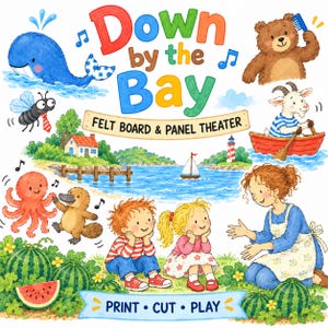 Pode incluir: Um conjunto de teatro de feltro Down by the Bay com ilustrações coloridas de uma baleia, urso, cabra num barco, polvo, ornitorrinco e crianças. O texto diz Down by the Bay e Print Cut Play sobre uma paisagem costeira.