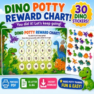 Dinosaur Potty Training Reward Chart | Printable Potty Chart with 30 Dino Stickers | Toddler Toilet Training Reward System | Instant Downloa