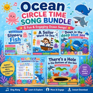 Pode incluir: Um pacote de canções educativas Ocean Circle Time com cinco folhas de atividades ilustradas com criaturas marinhas, incluindo Slippery Fish, A Sailor Went to Sea, Down in the Deep Blue Sea, 10 Little Fish e There's a Hole in the Bottom of the Sea.